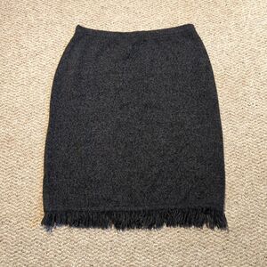 Vintage Knit Sweater Pencil Straight Skirt Large Gray Black Fringe Chic Preppy